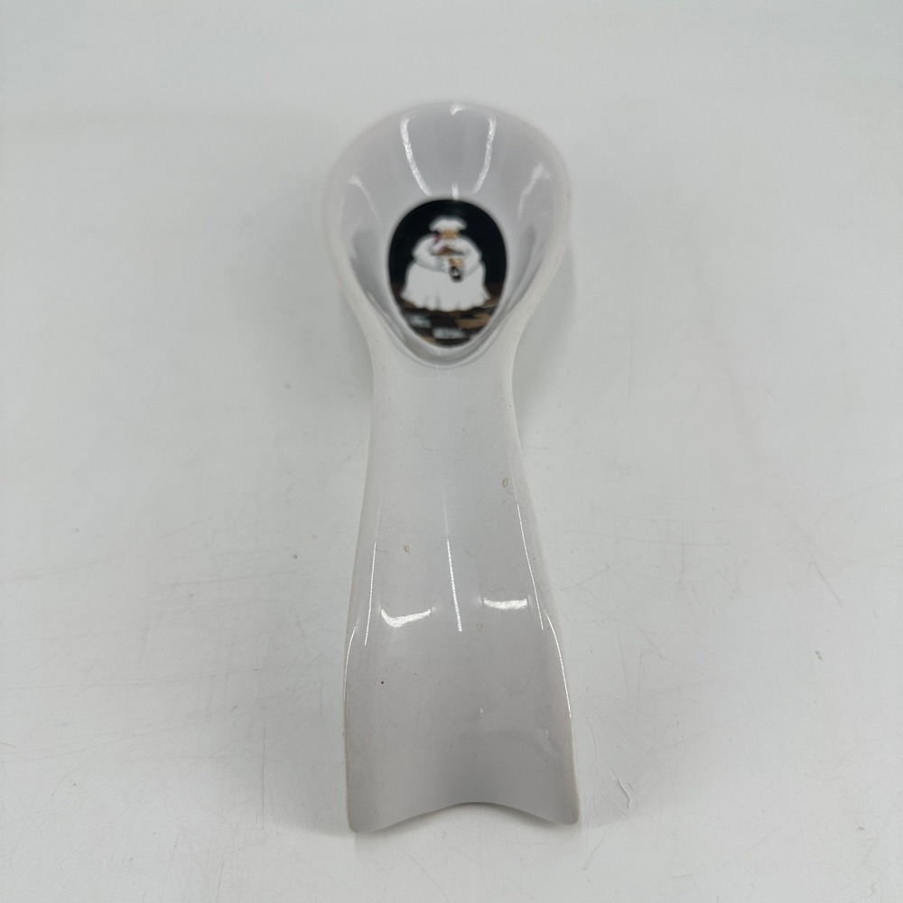 Bistro Chef Ceramic Spoon Rest White Porcelain Checkered Kitchen Utensil Holder